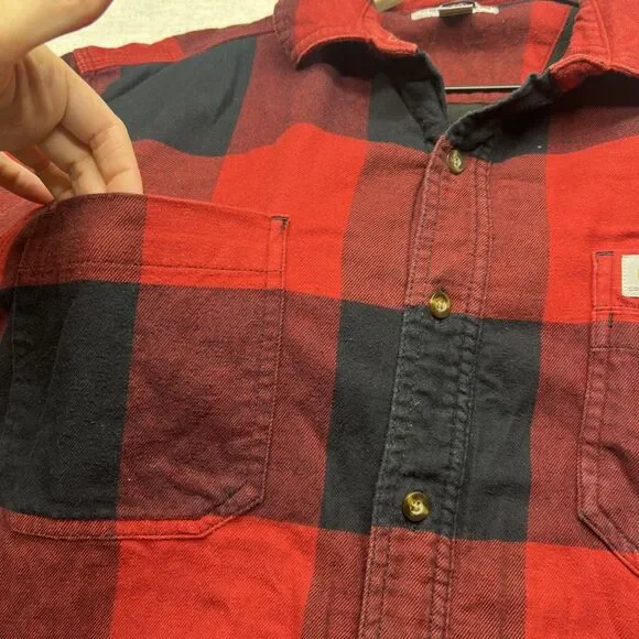 Carhartt Flannel Fleece-Lined Jacket Red Checkered Plaid Padded L Large Outdoors - Picture 6 of 12
